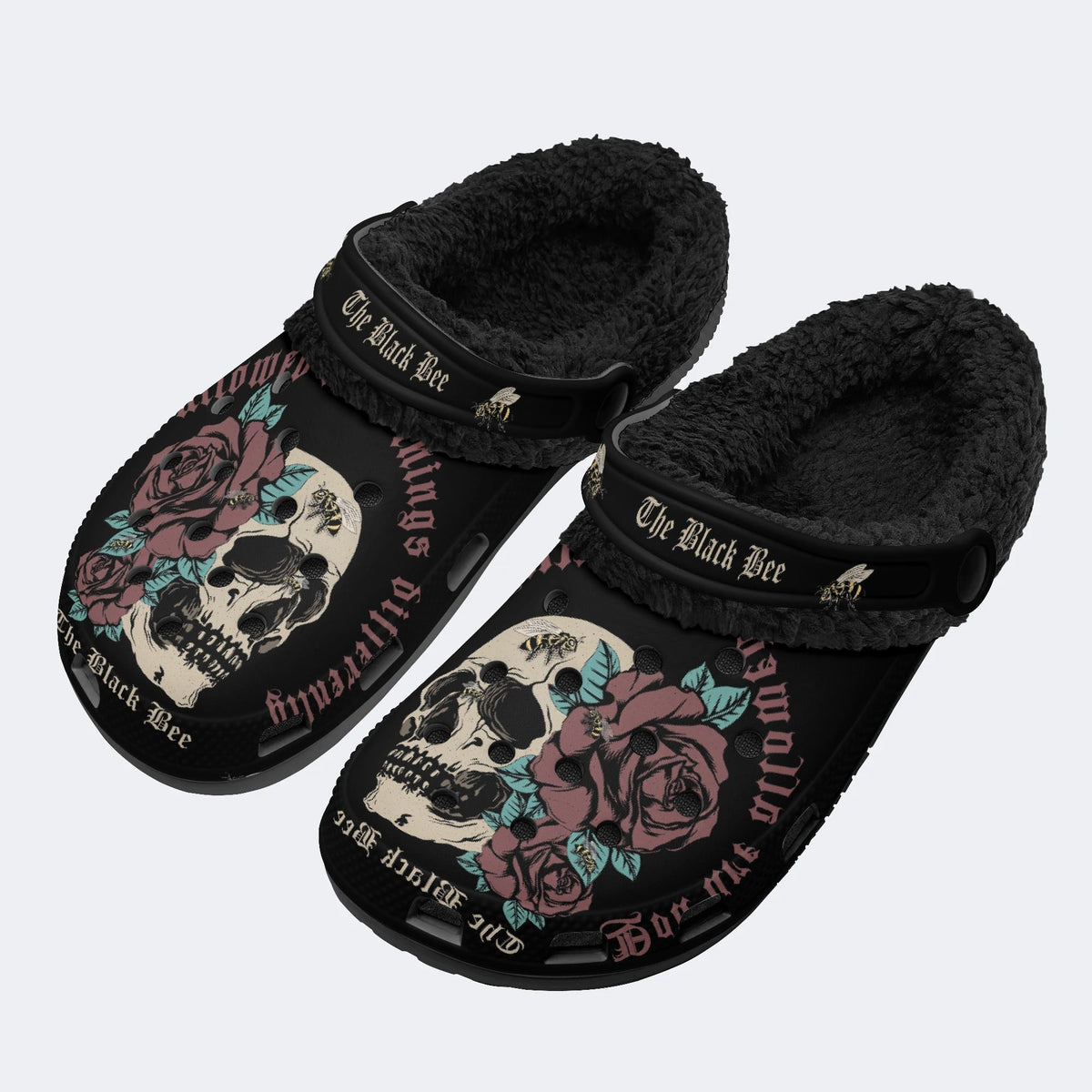 Gothic Skull Rose Bee - Fur Lined Slippers/Sandals