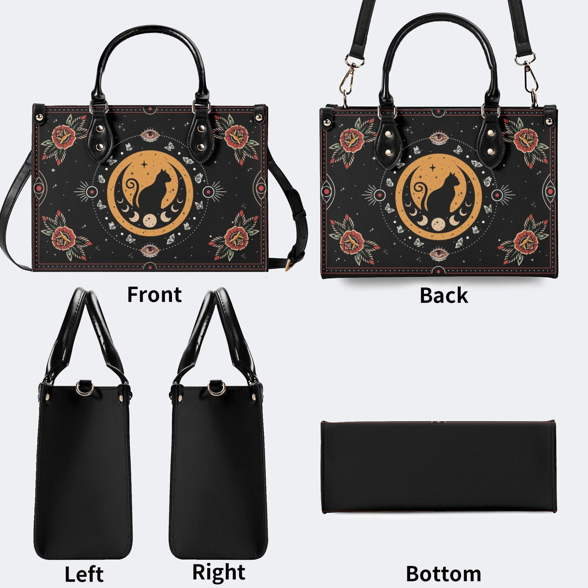 Vintage Cat And Moon Print - Leather Handbag