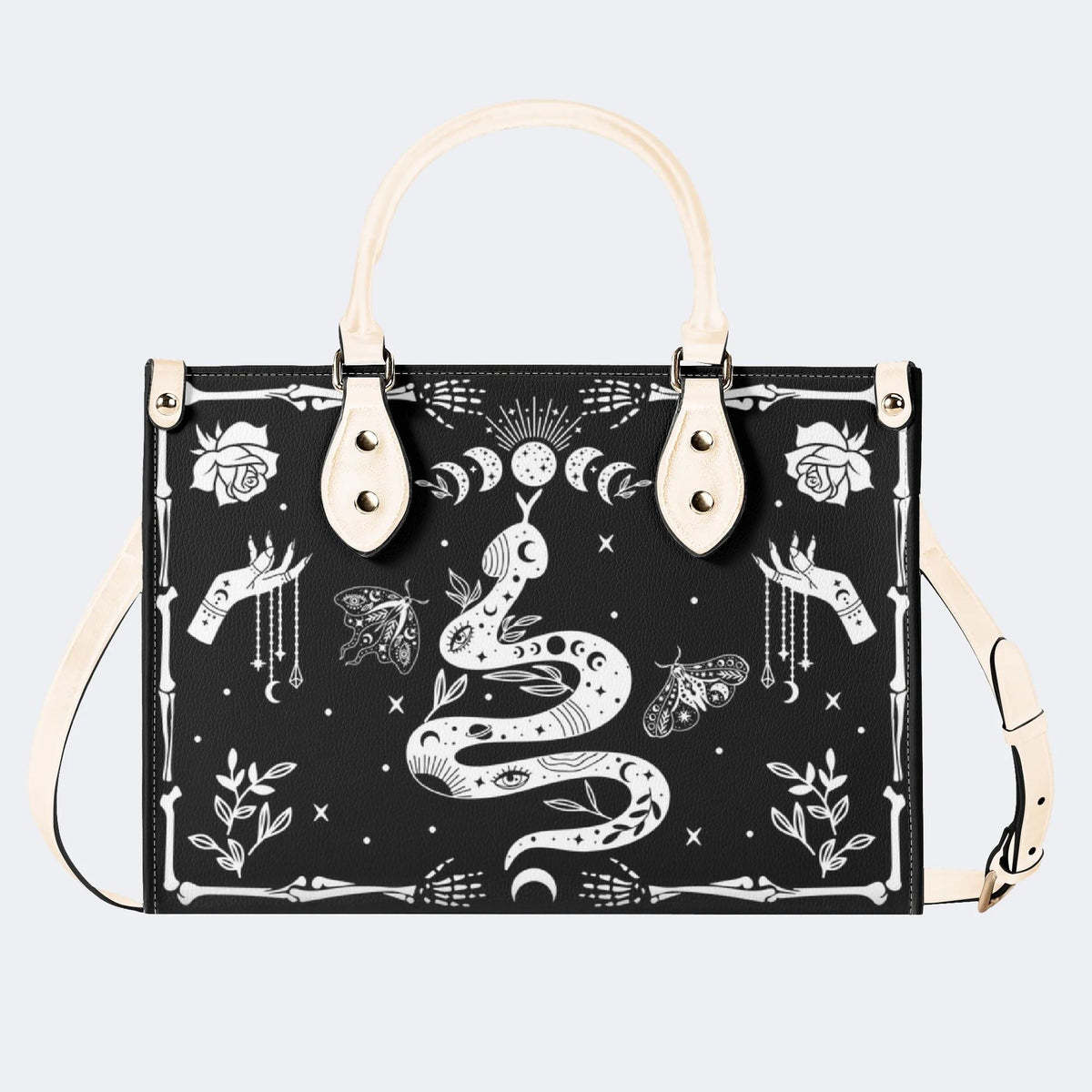 Snake And Beath Moth Print - Leather Handbag