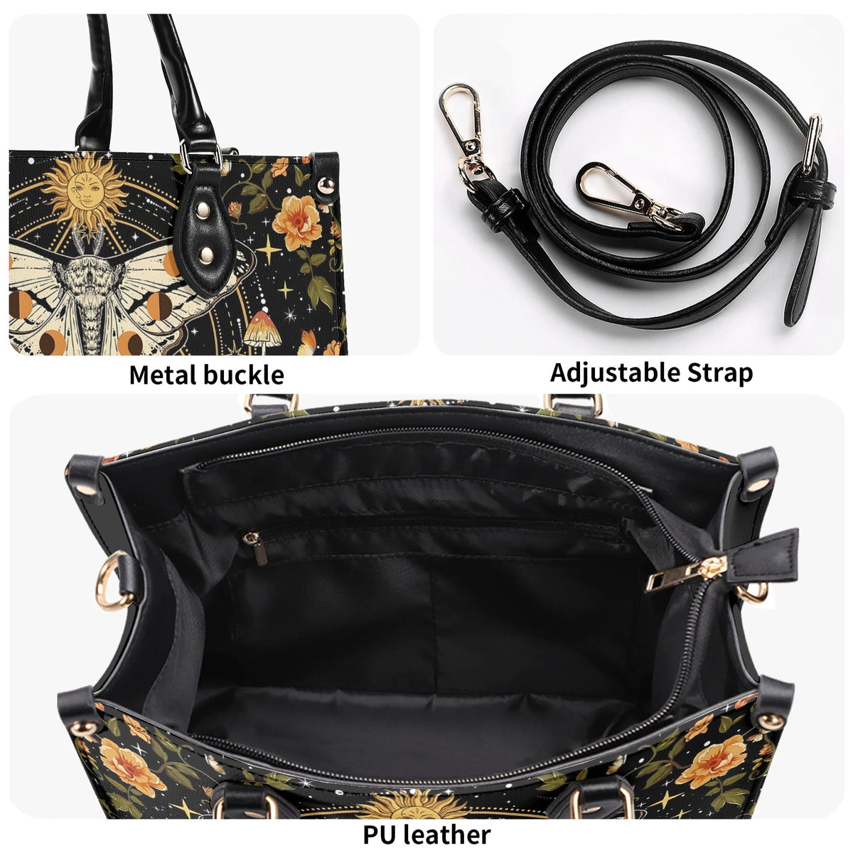 Retro Bohemian Sun Moon Star Moth - Leather Handbag