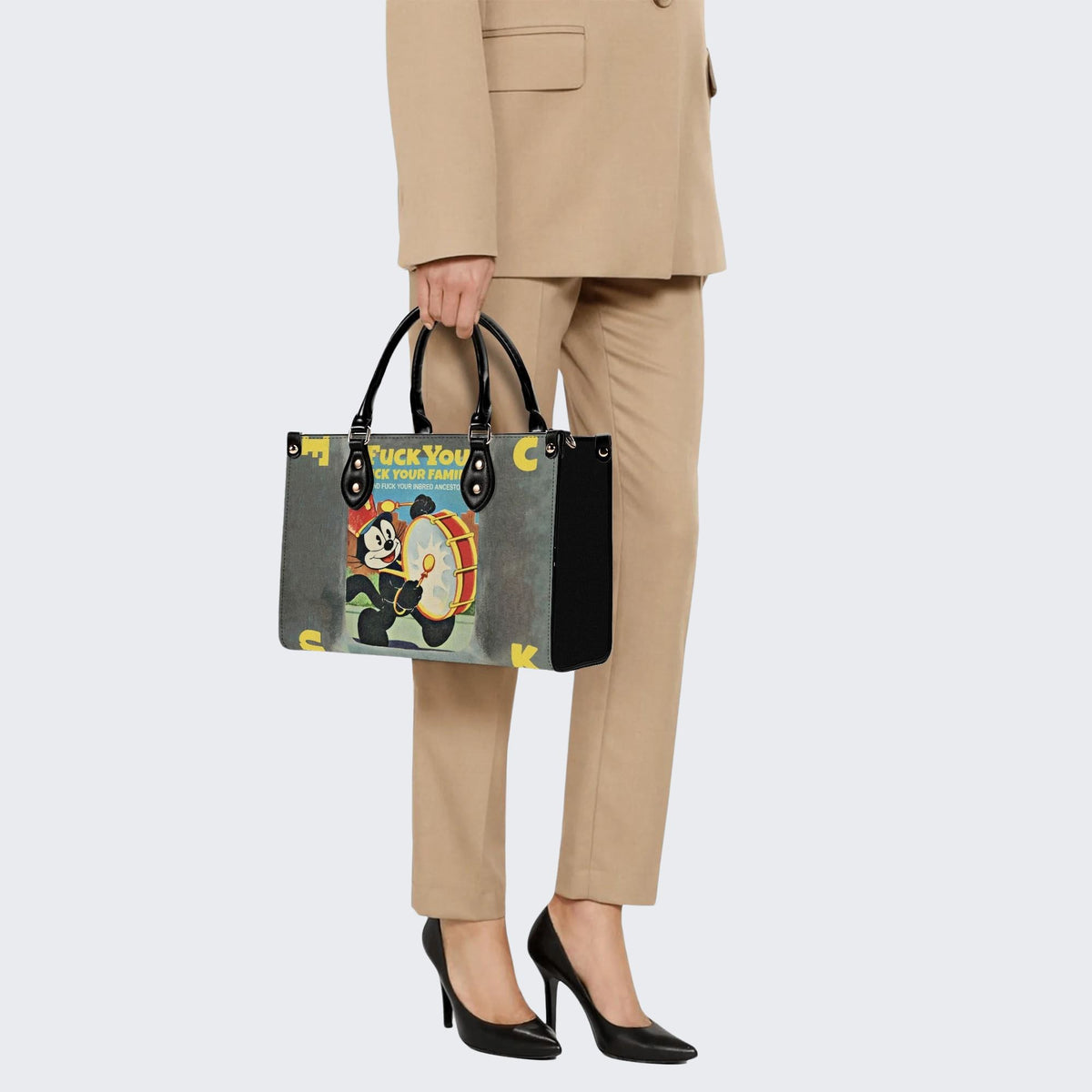 Cat Playing Drums - Leather Handbag