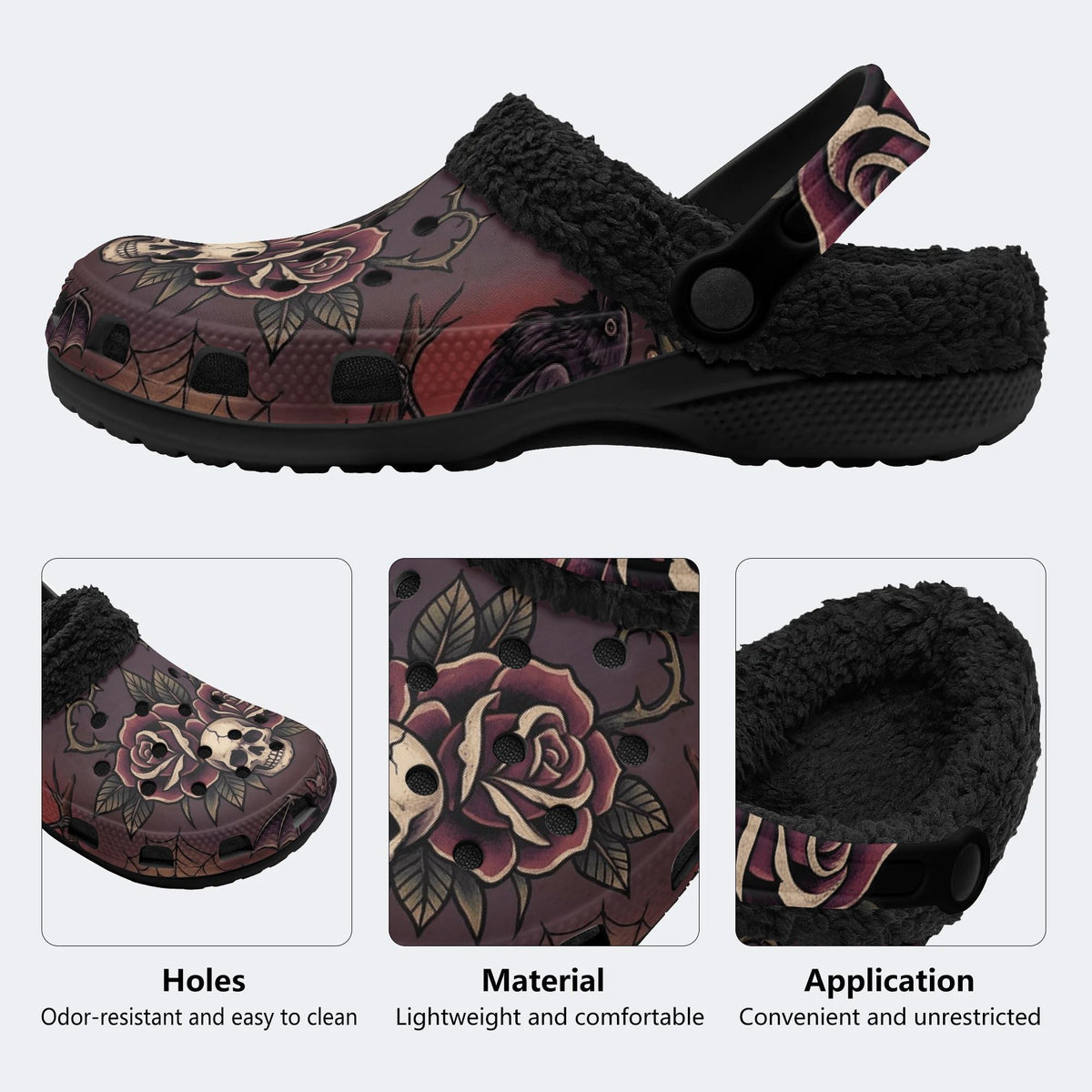 Gothic Skull Burgundy Rose Thorn Bat - Fur Lined Slippers/Sandals