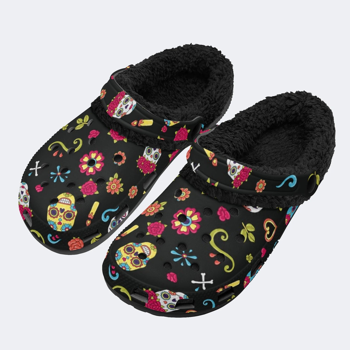 Dead Day Floral Skulls - Fur Lined Slippers/Sandals