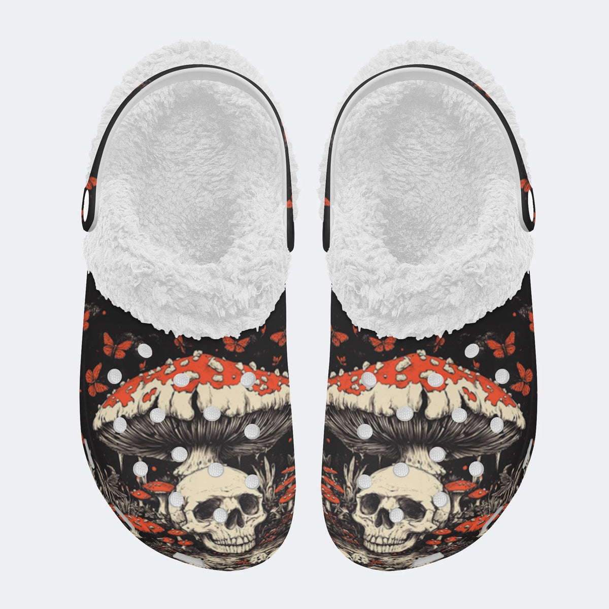 Poisonous Mushrooms&Skull Print - Fur Lined Slippers/Sandals