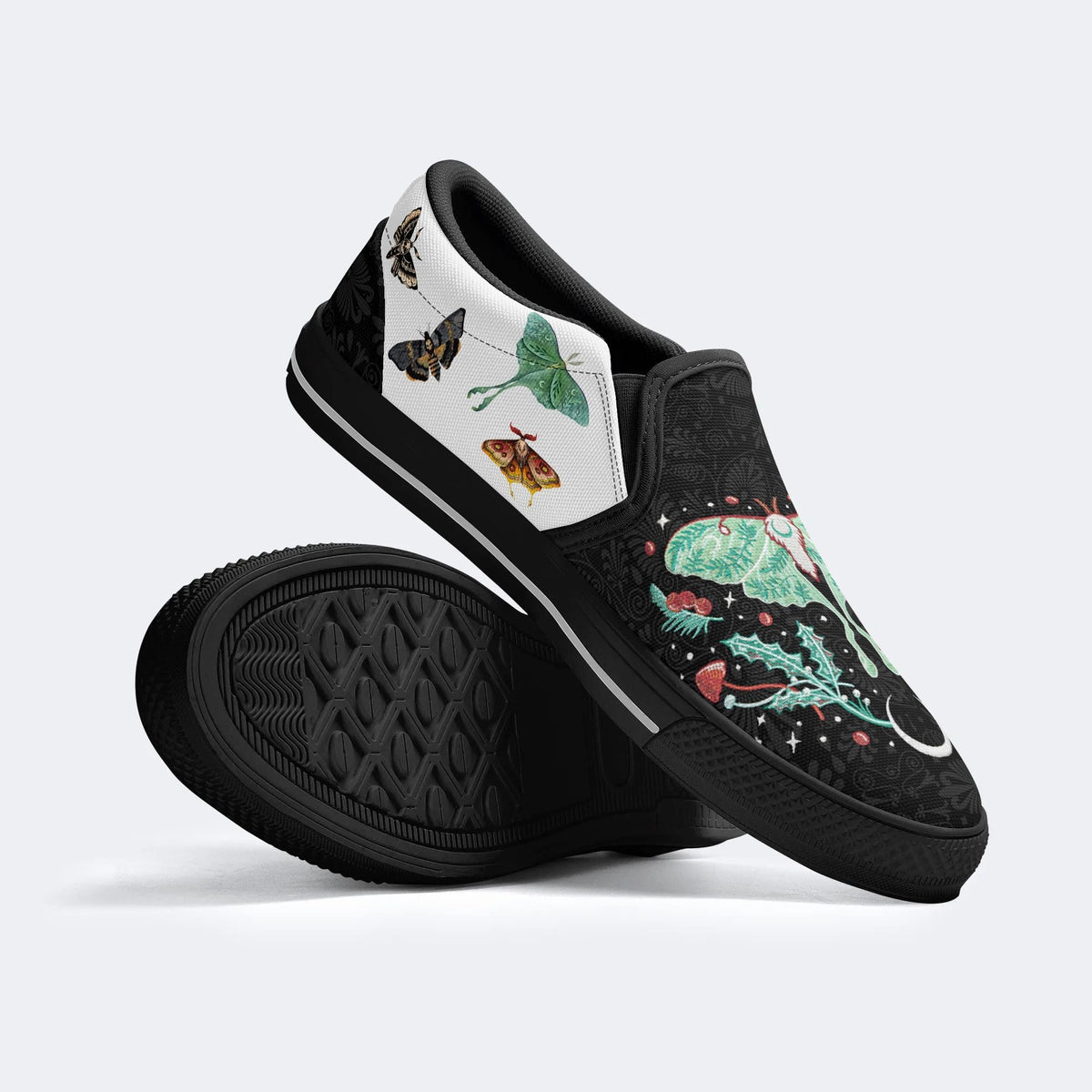 Green Moth In Mushroom Bush - Slip On Shoes
