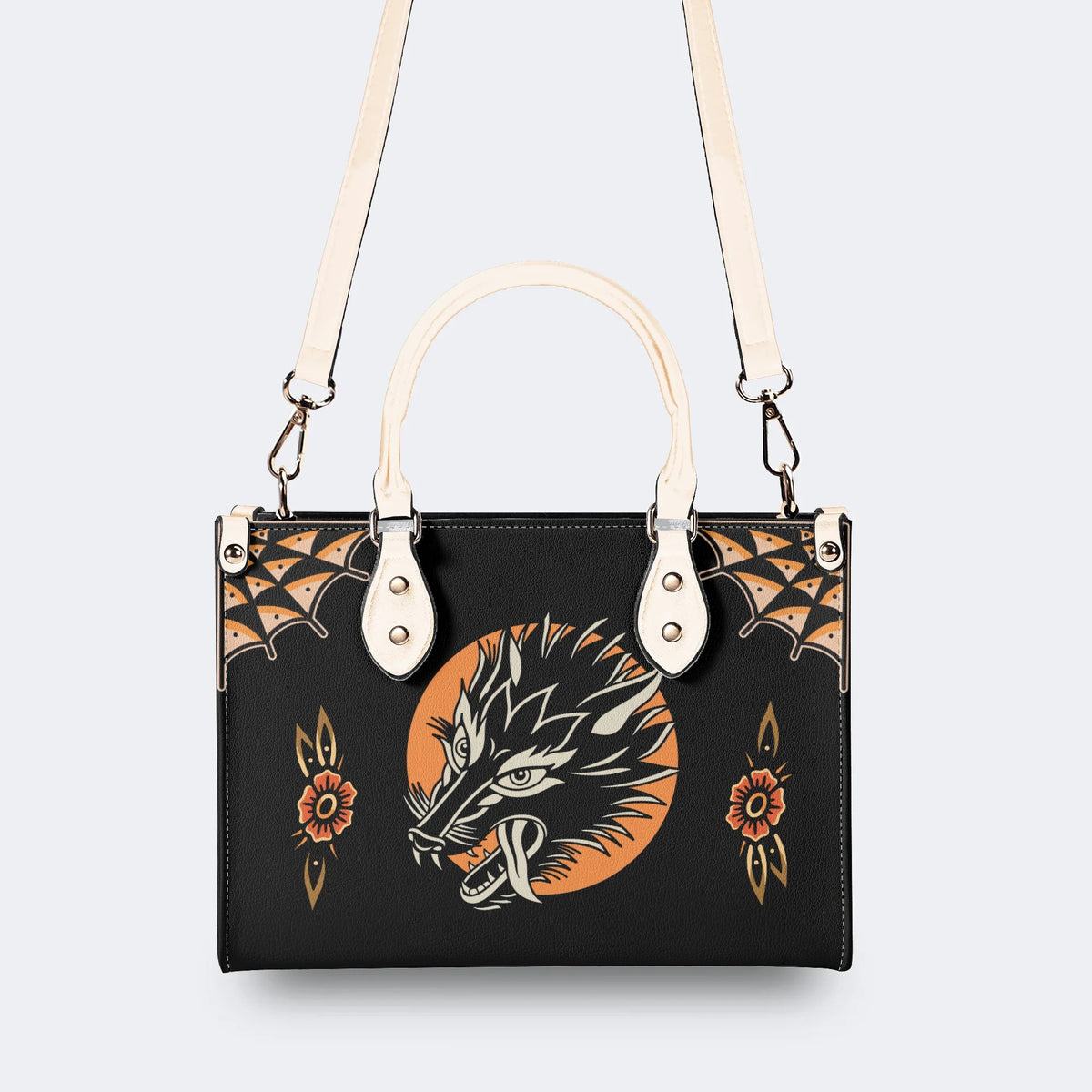 Screaming Wolf Vintage Print - Leather Handbag