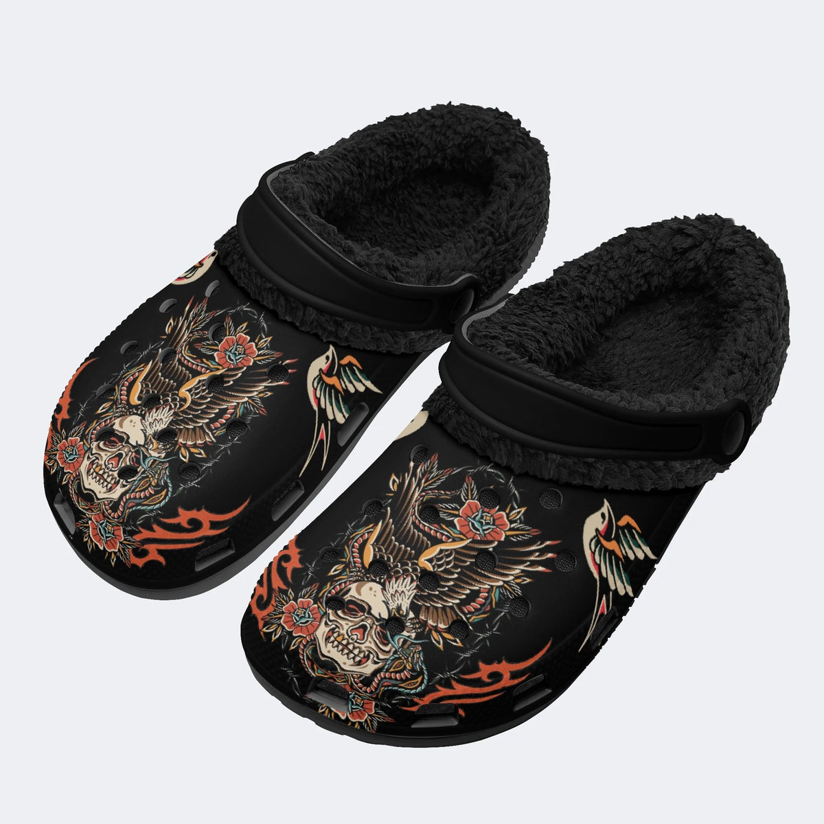 Old School Eagle&Snake&Skull Print - Fur Lined Slippers/Sandals