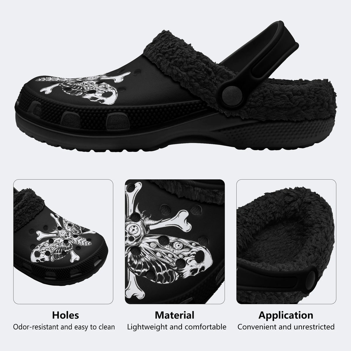 Gothic Death Moth Crossbones Moon - Fur Lined Slippers/Sandals