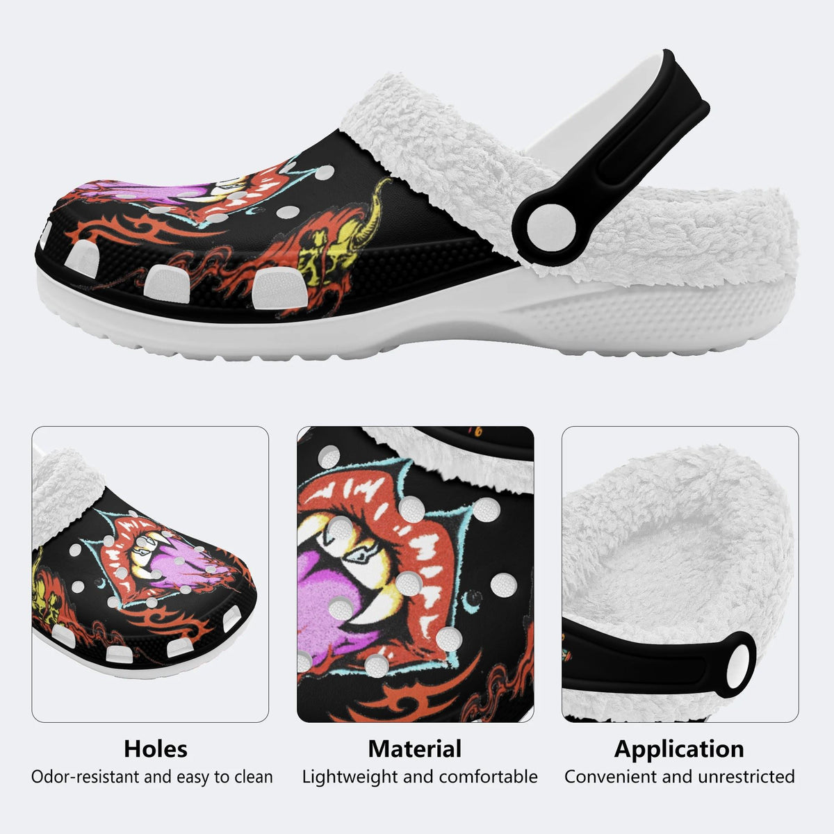 Horror Devil's Mouth Print - Fur Lined Slippers/Sandals