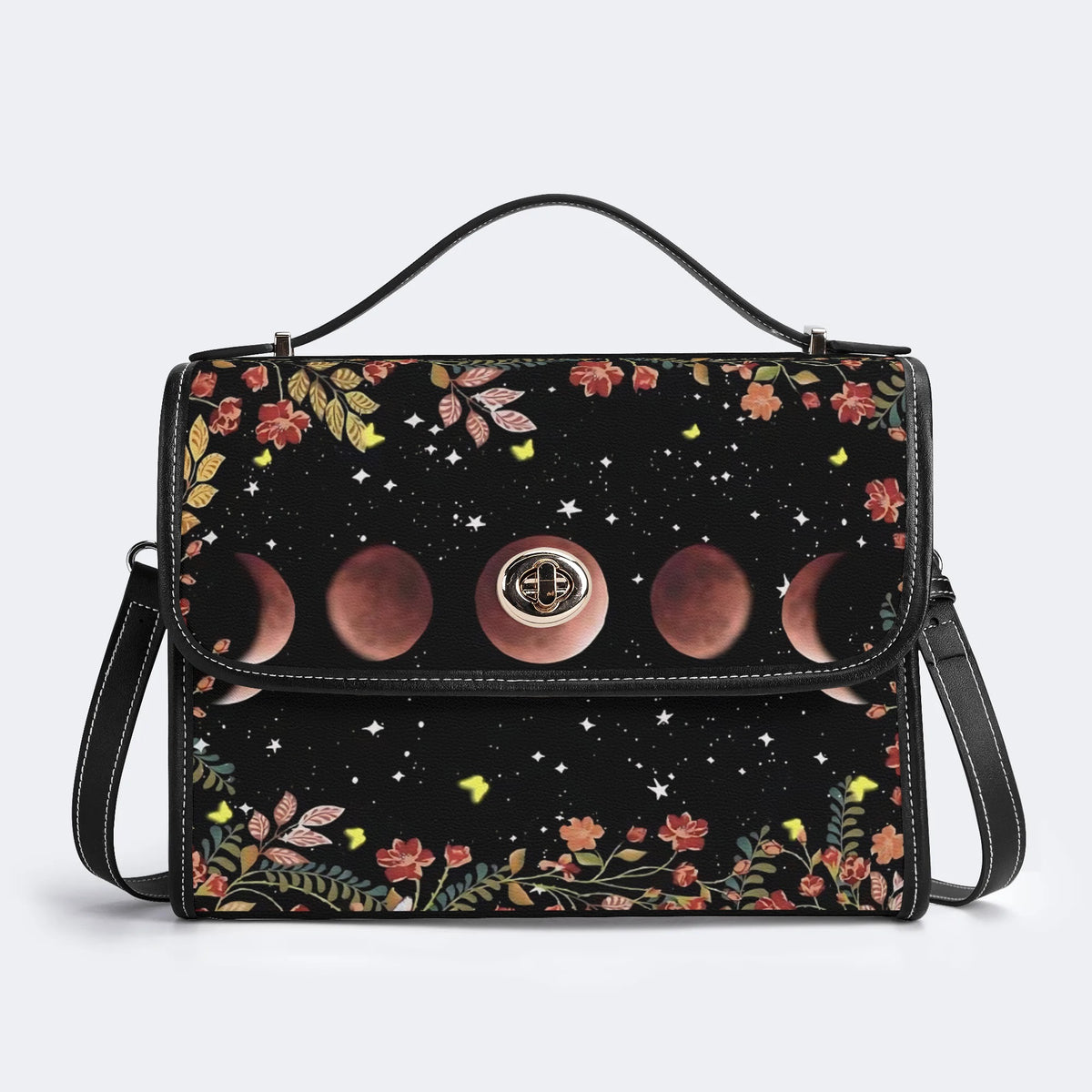 Night Sky Floral Vintage Print - Leather Satchel Bag