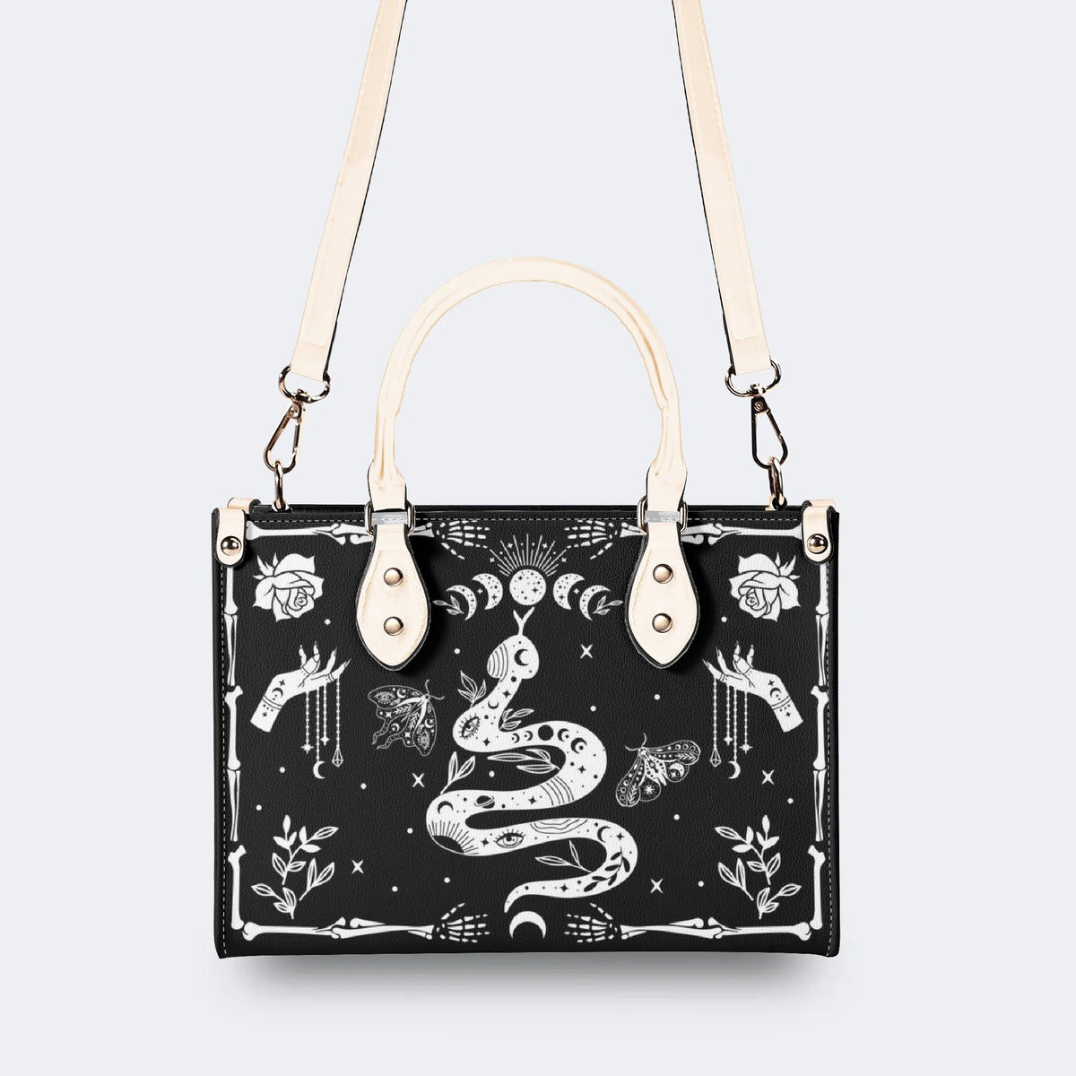 Snake And Beath Moth Print - Leather Handbag