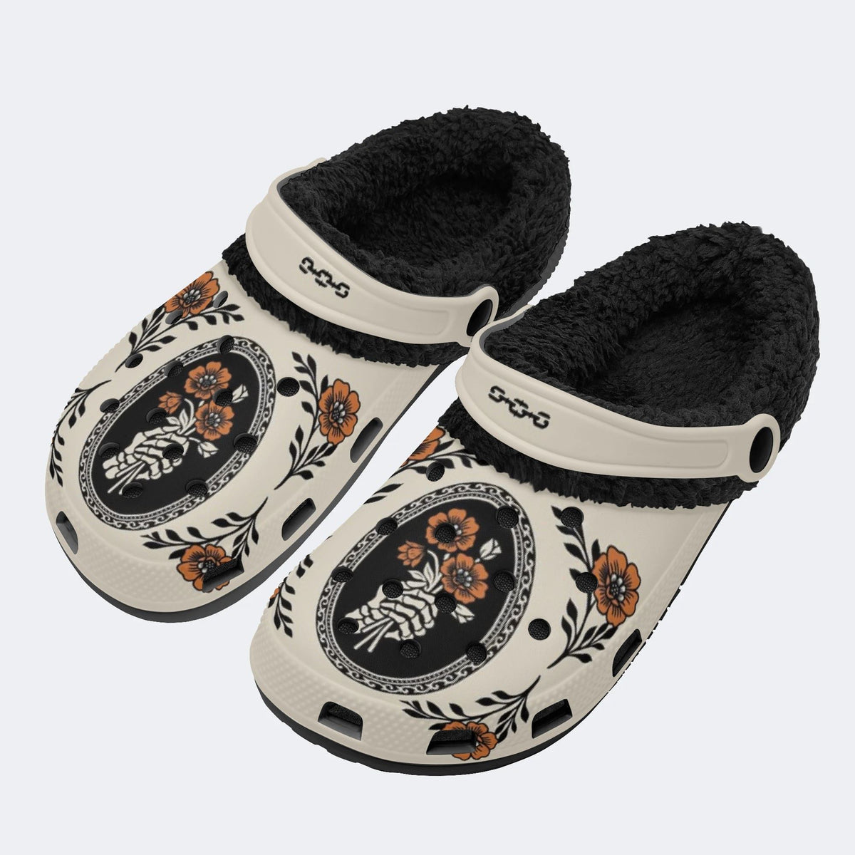 Gothic Skeleton Hand Rose Floral - Fur Lined Slippers/Sandals