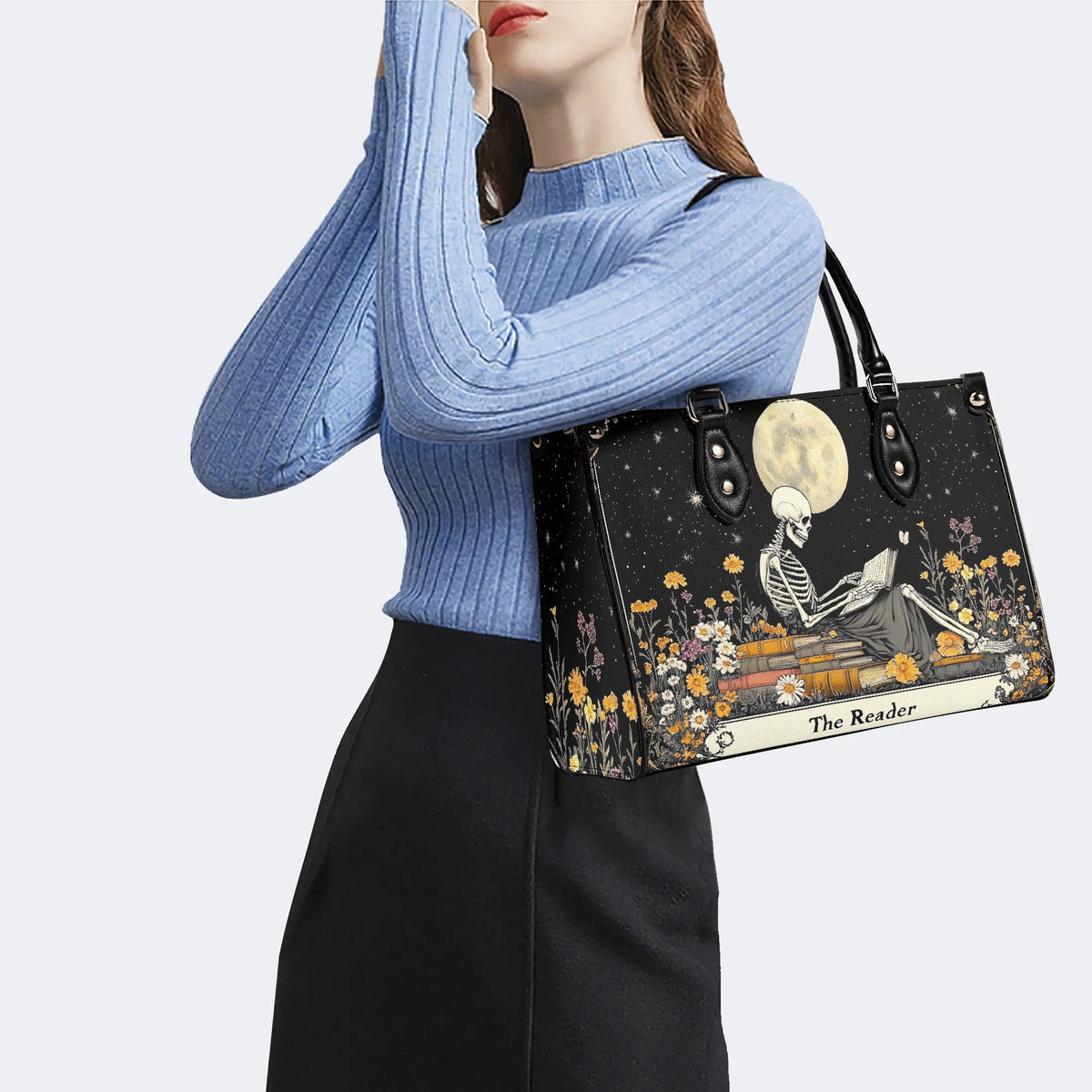 Skeleton Reading A Book Among Flowers - Leather Handbag