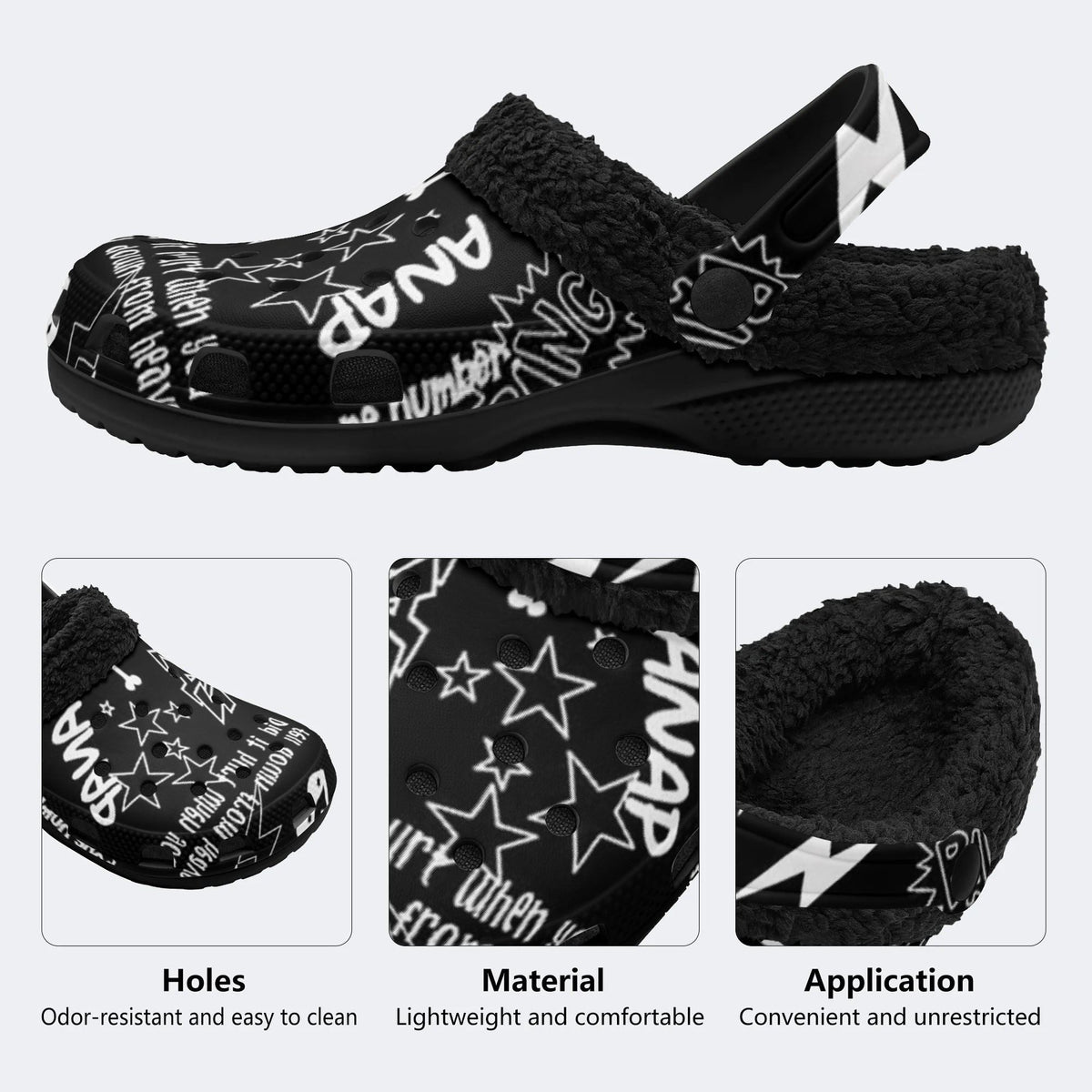 Black White Punk Text - Fur Lined Slippers/Sandals
