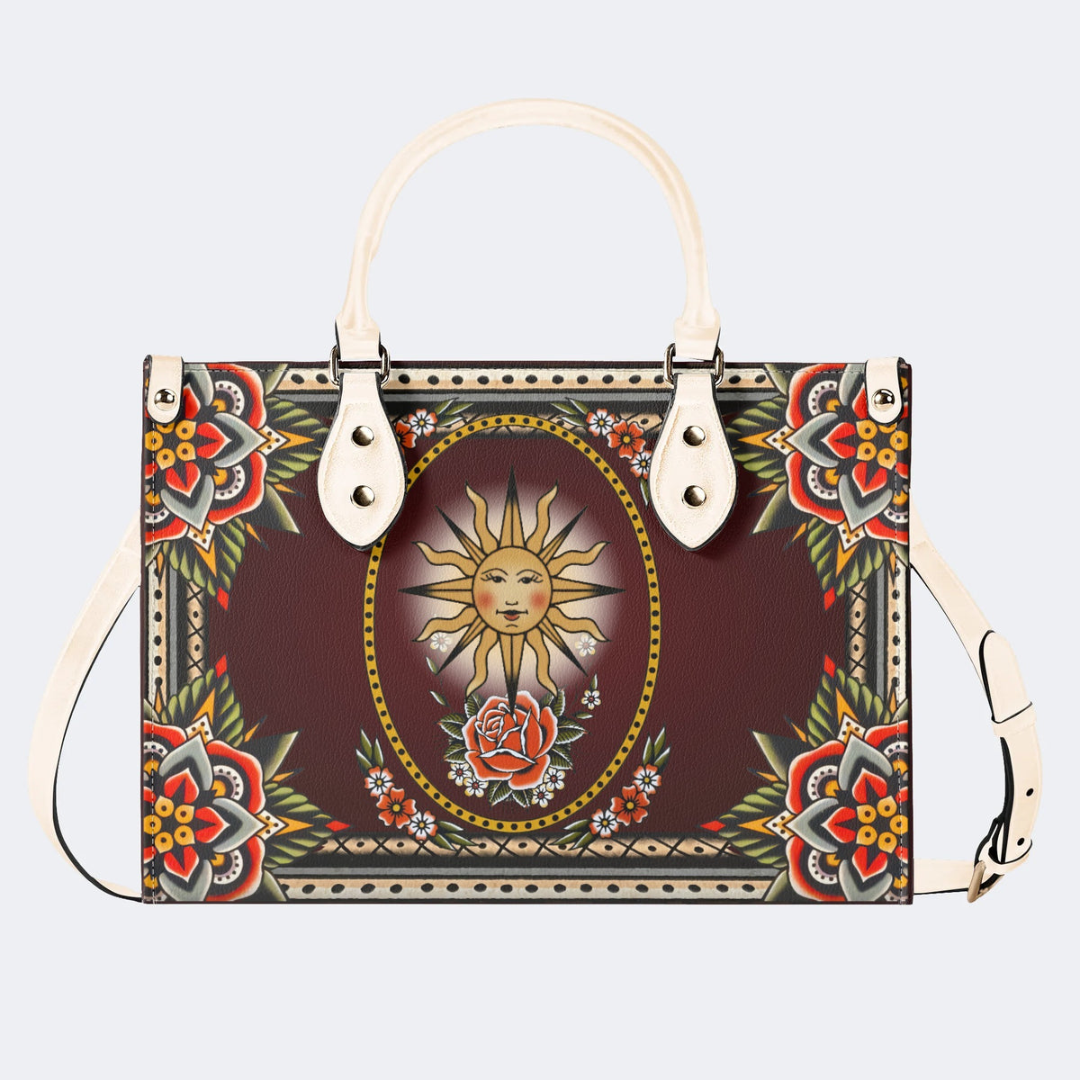 Vintage Smiling Sun Print - Leather Handbag