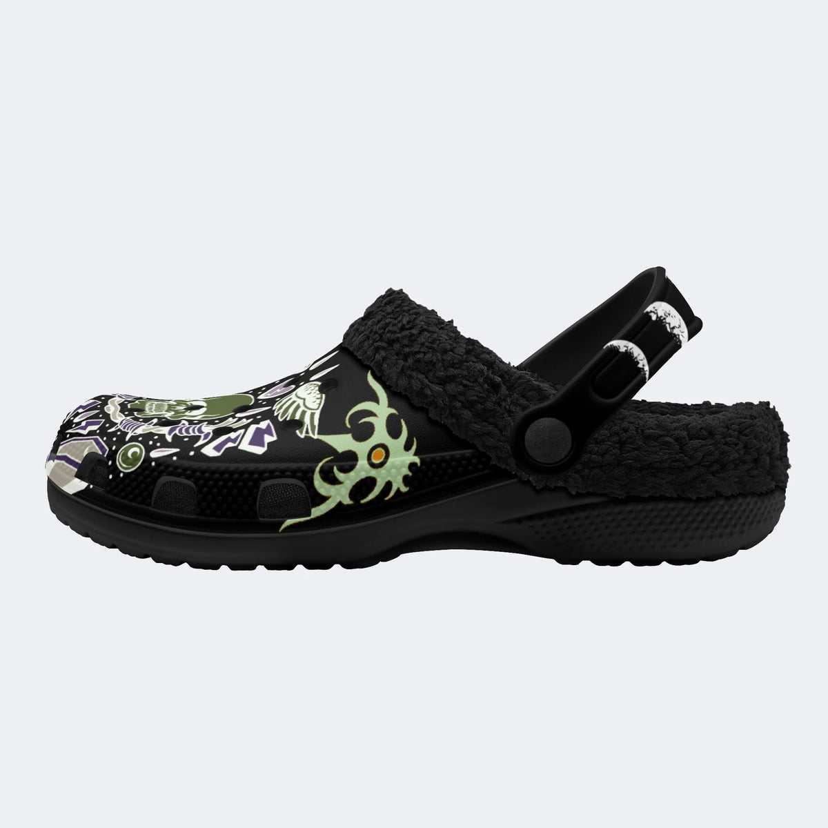 Horror Skull Skeleton Print - Fur Lined Slippers/Sandals