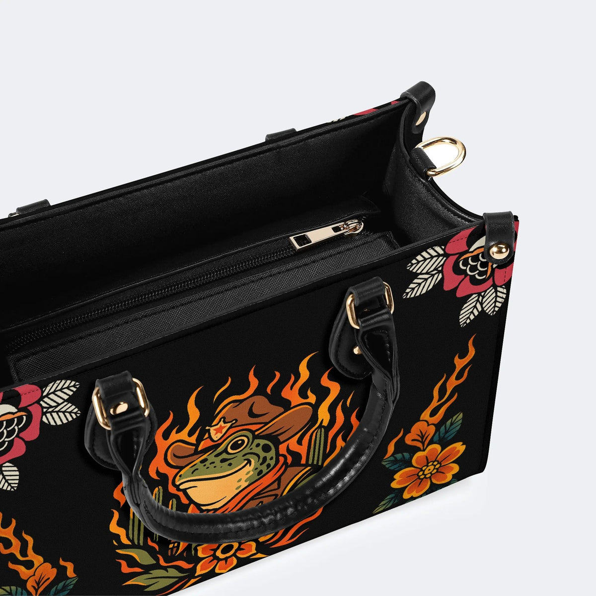 Flame Cowboy Frog Print - Leather Handbag