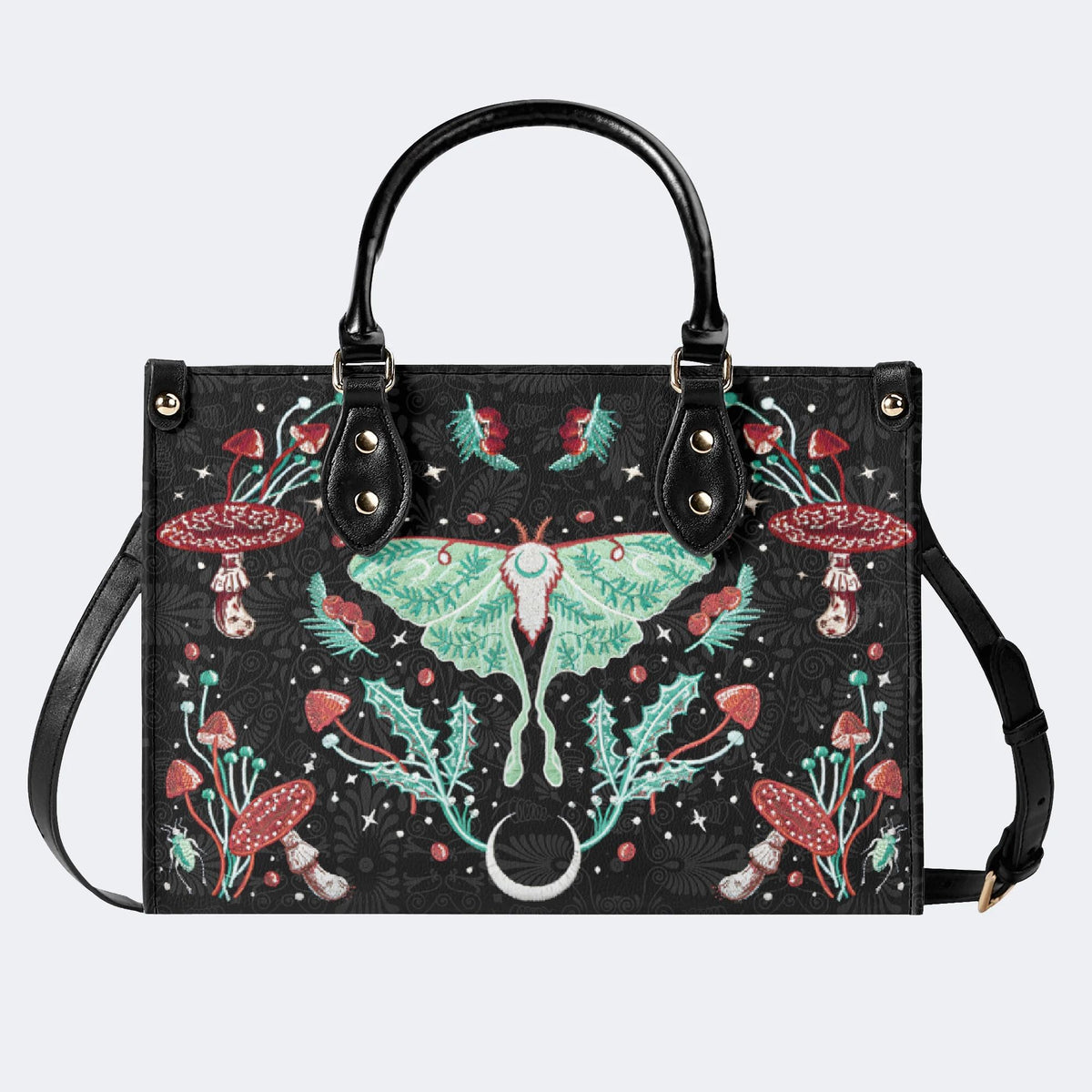 Green Moth In Mushroom Bush - Leather Handbag