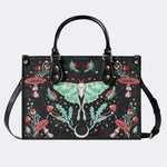 Green Moth In Mushroom Bush - Leather Handbag