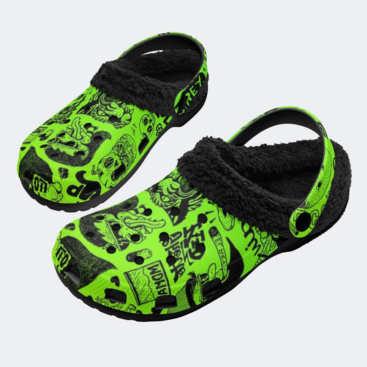 Green Skull Doodle - Fur Lined Slippers/Sandals