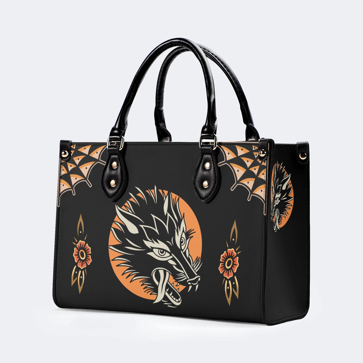 Screaming Wolf Vintage Print - Leather Handbag