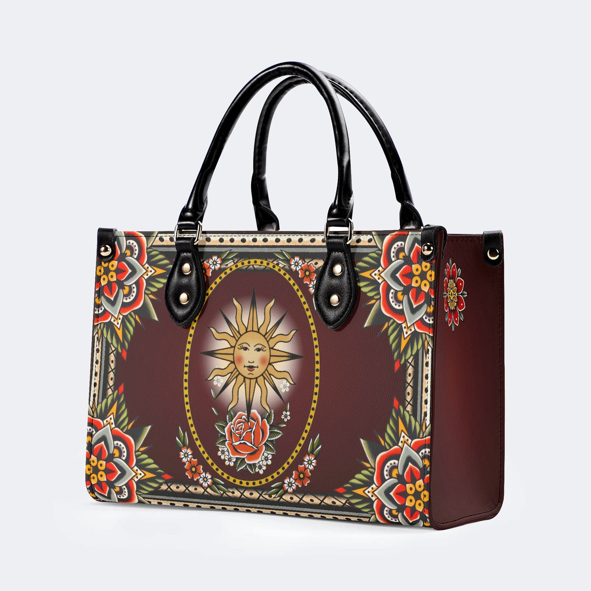 Vintage Smiling Sun Print - Leather Handbag