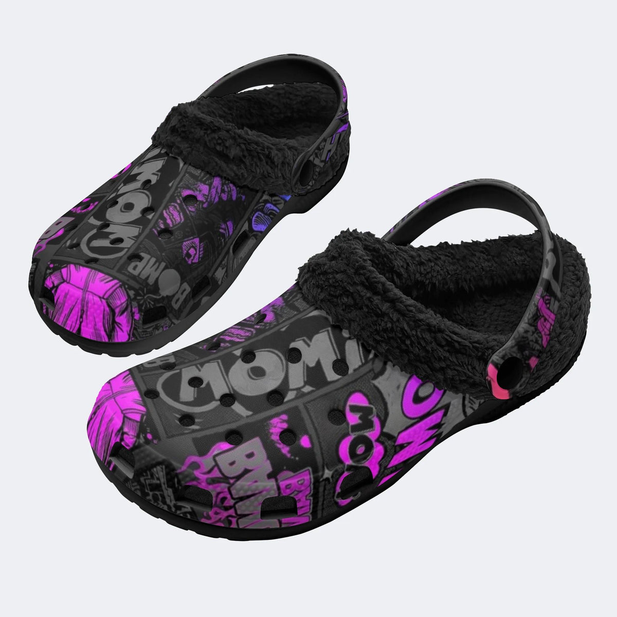Pink Black Comic Collage - Fur Lined Slippers/Sandals