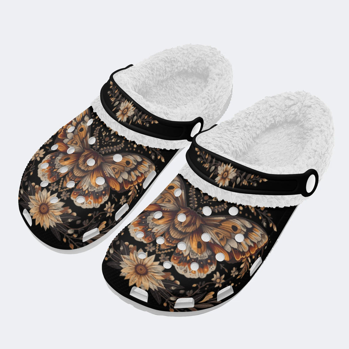 Vintage Moth Floral Print - Fur Lined Slippers/Sandals