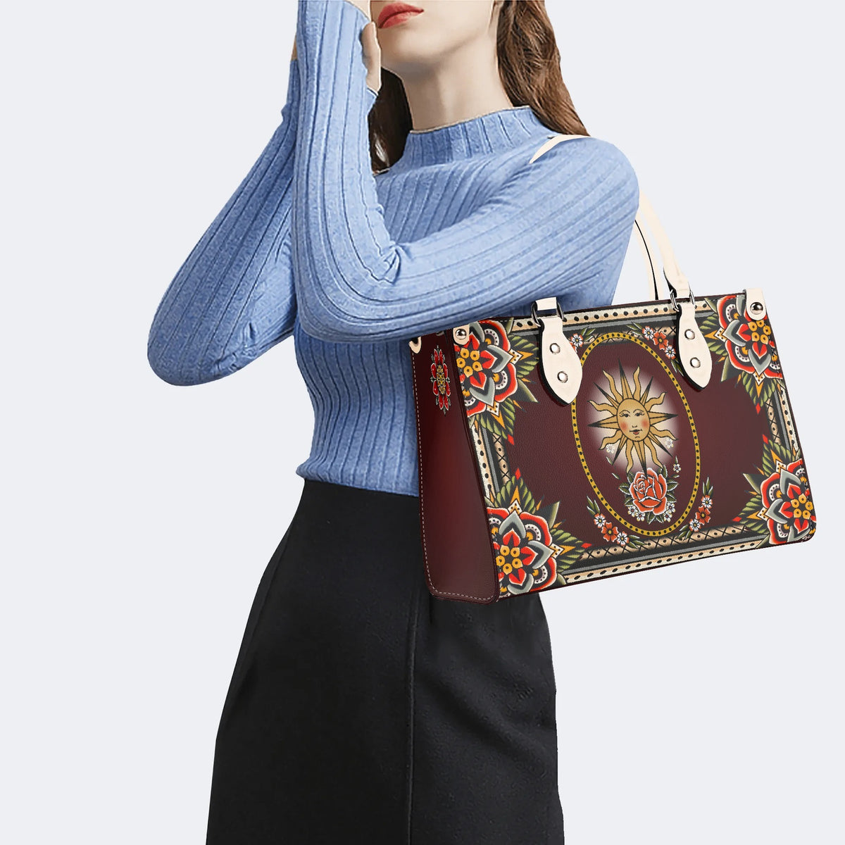 Vintage Smiling Sun Print - Leather Handbag