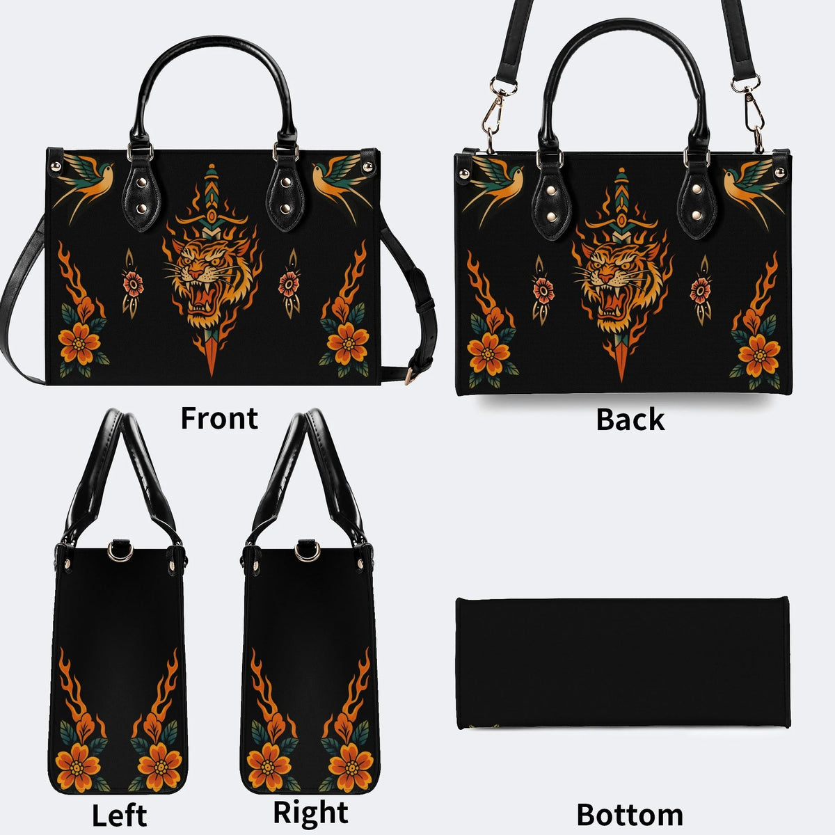 Old School Flame Tiger Print - Leather Handbag