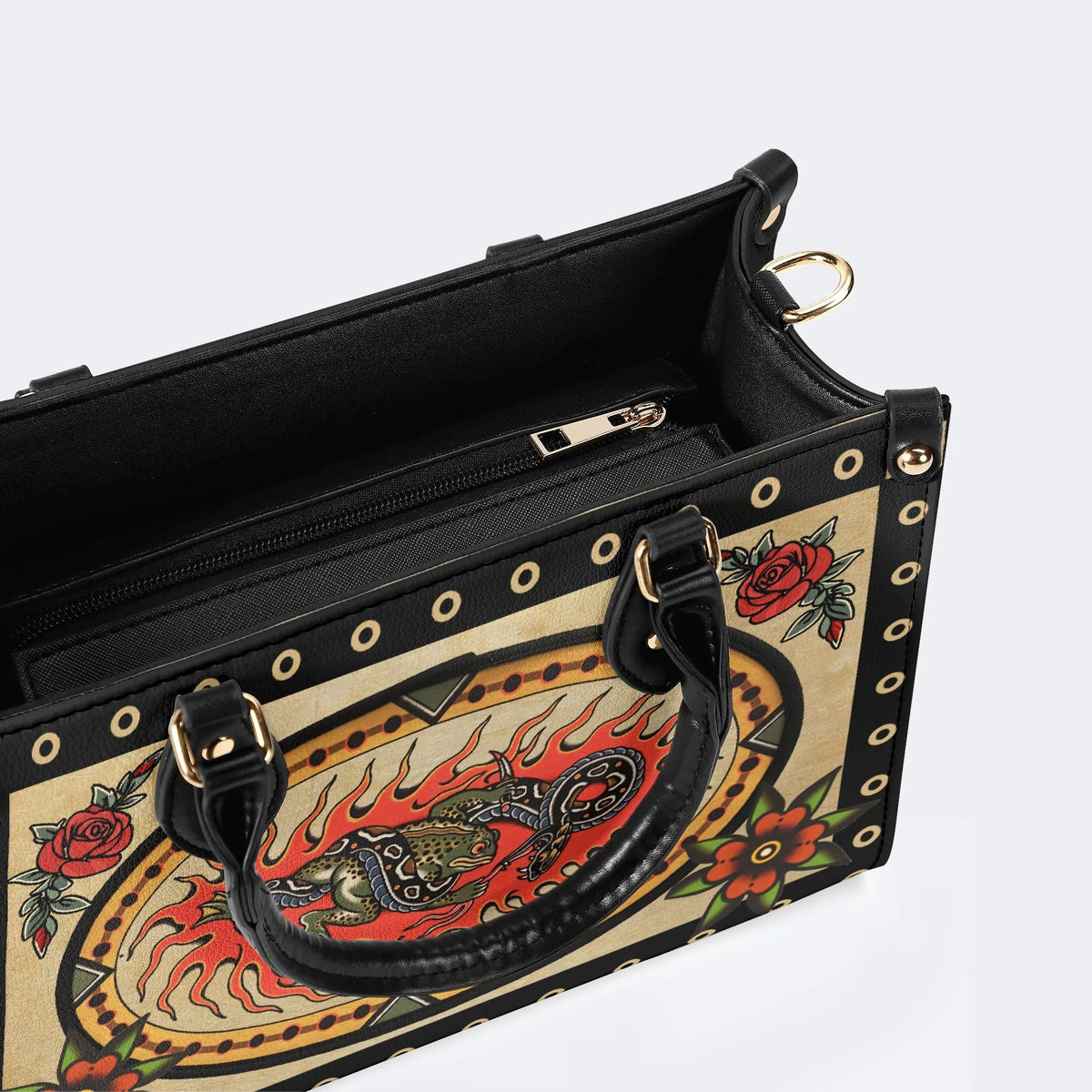 Retro Toad And Snake Print - Leather Handbag