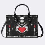 Retro Skull Heart Print - Leather Handbag