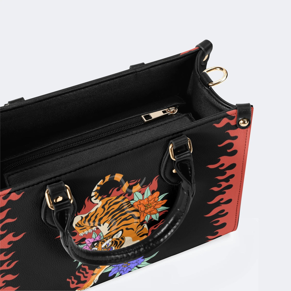 Old School Tiger and Flower Print - Leather Handbag
