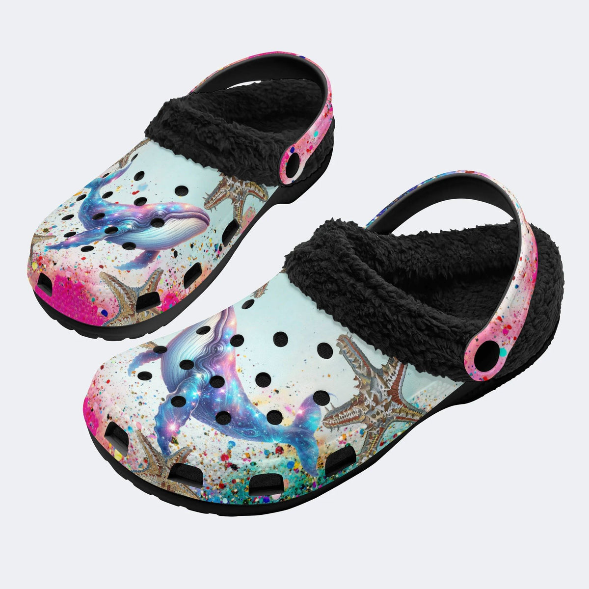 Colorful Whale And Starfish - Fur Lined Slippers/Sandals
