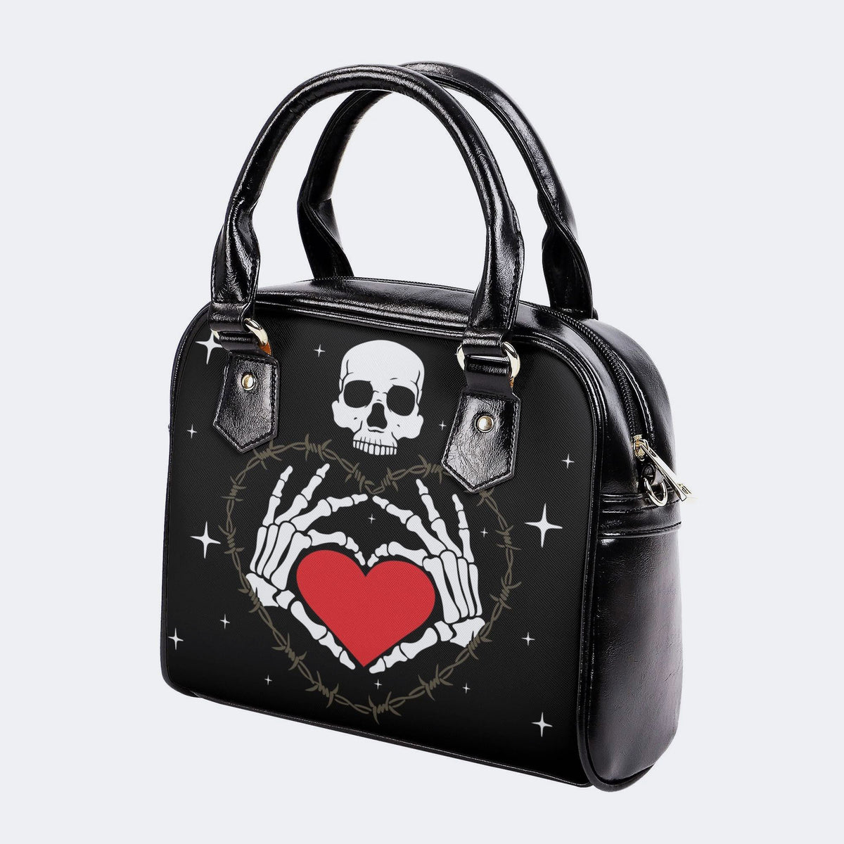 Retro Skull Heart Print - Leather Shoulder Handbag