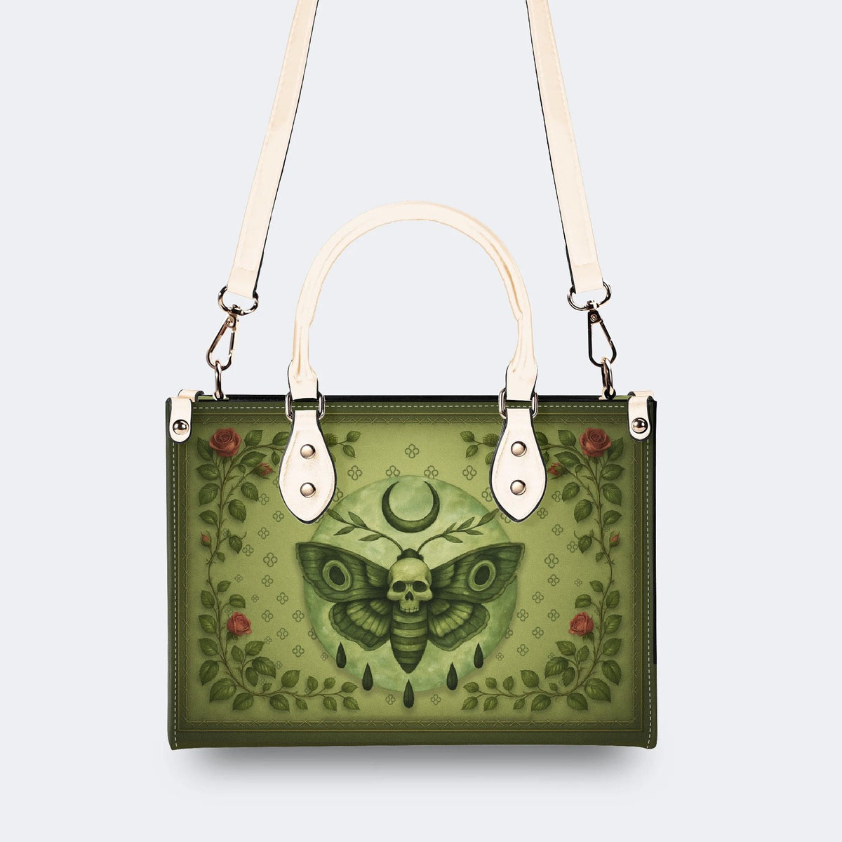 Green Death Moth Floral Print - Leather Handbag
