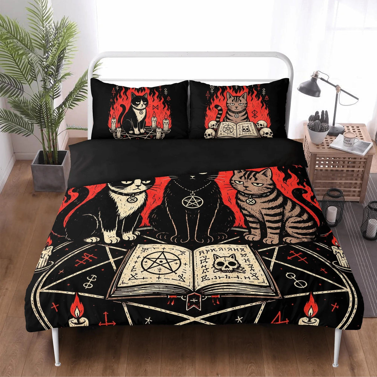Boho Occult Black Cat - Three Piece Bedding Set