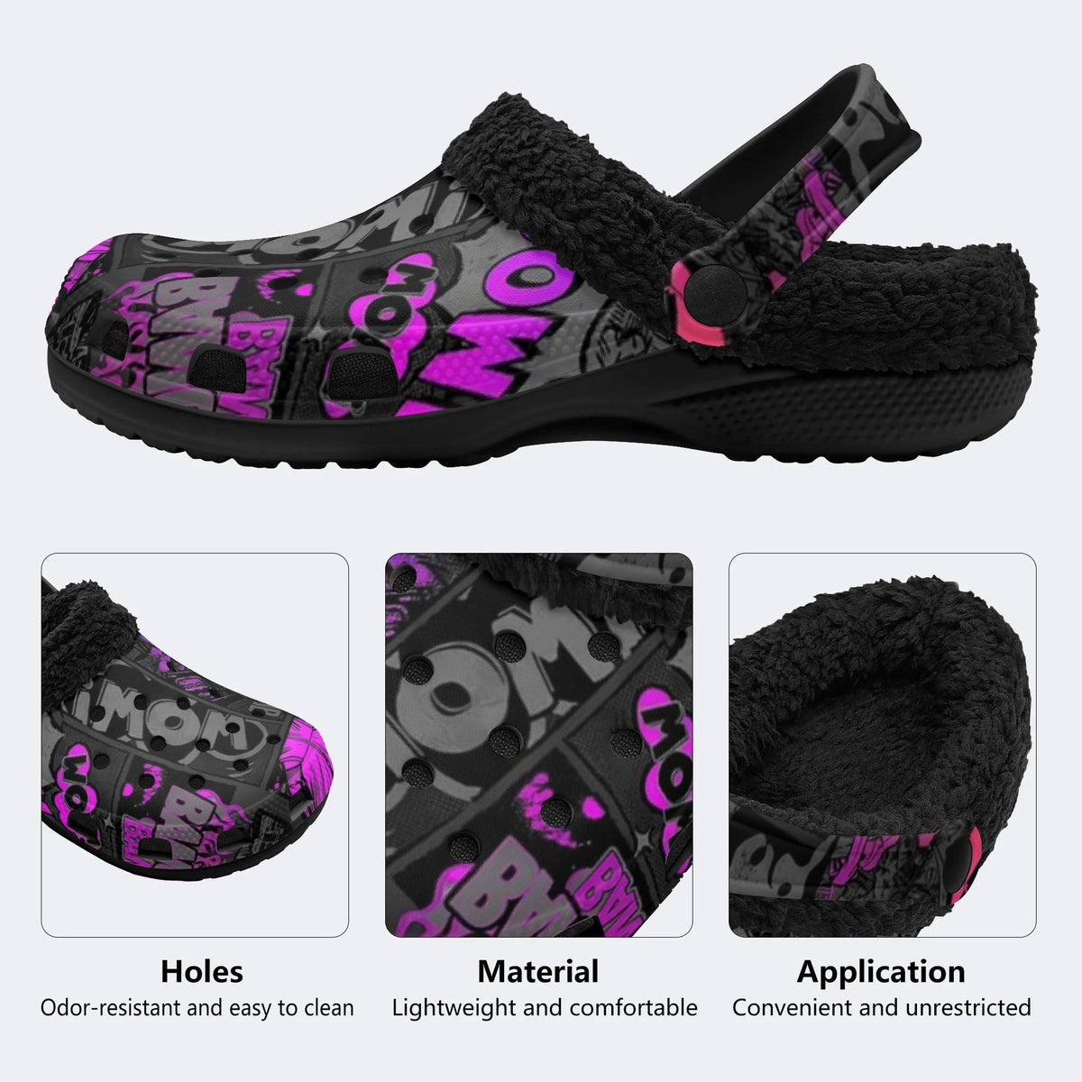 Pink Black Comic Collage - Fur Lined Slippers/Sandals