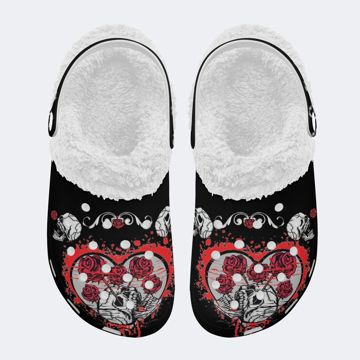 Rose Heart Skull Print - Fur Lined Slippers/Sandals