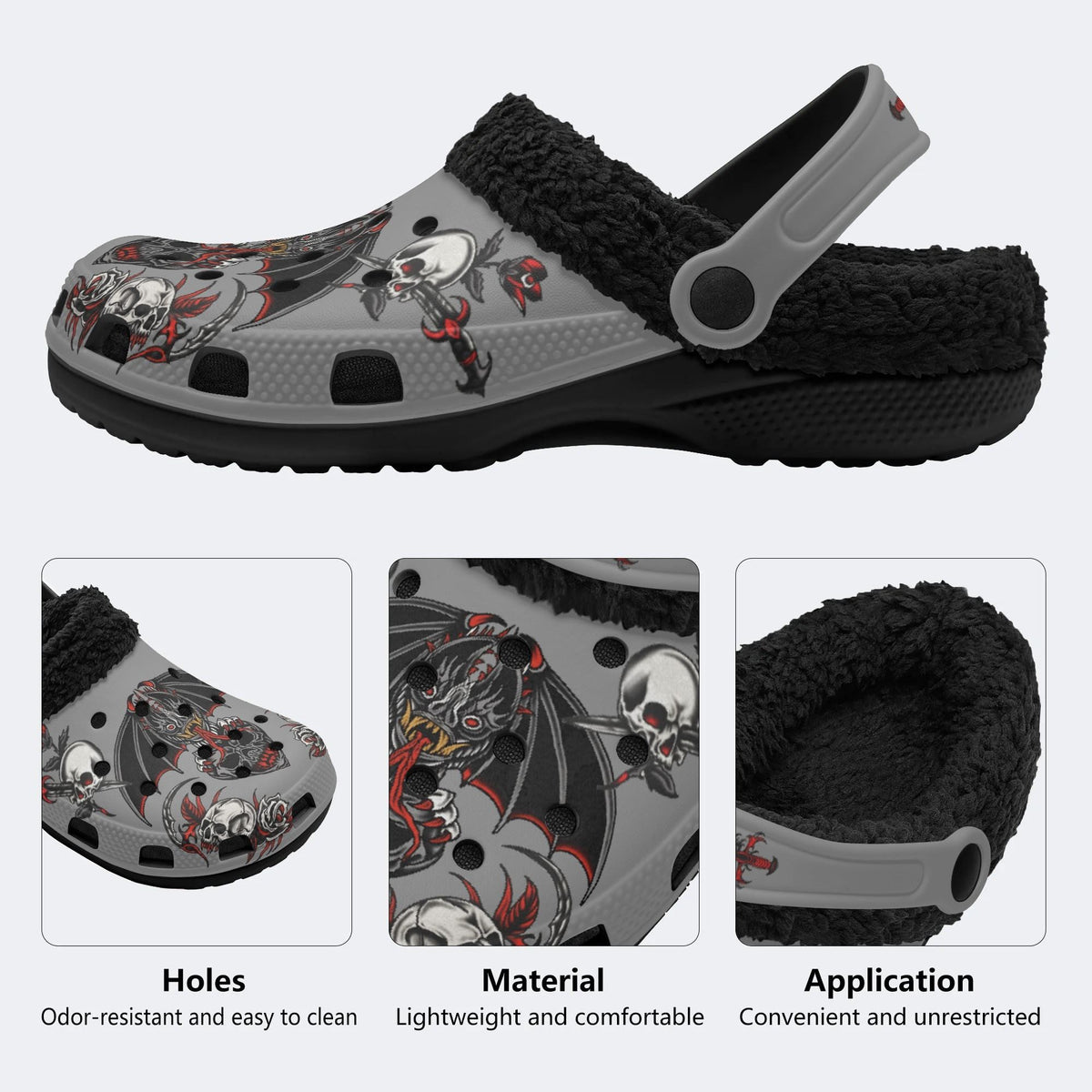 Horror Bat Skull Print - Fur Lined Slippers/Sandals