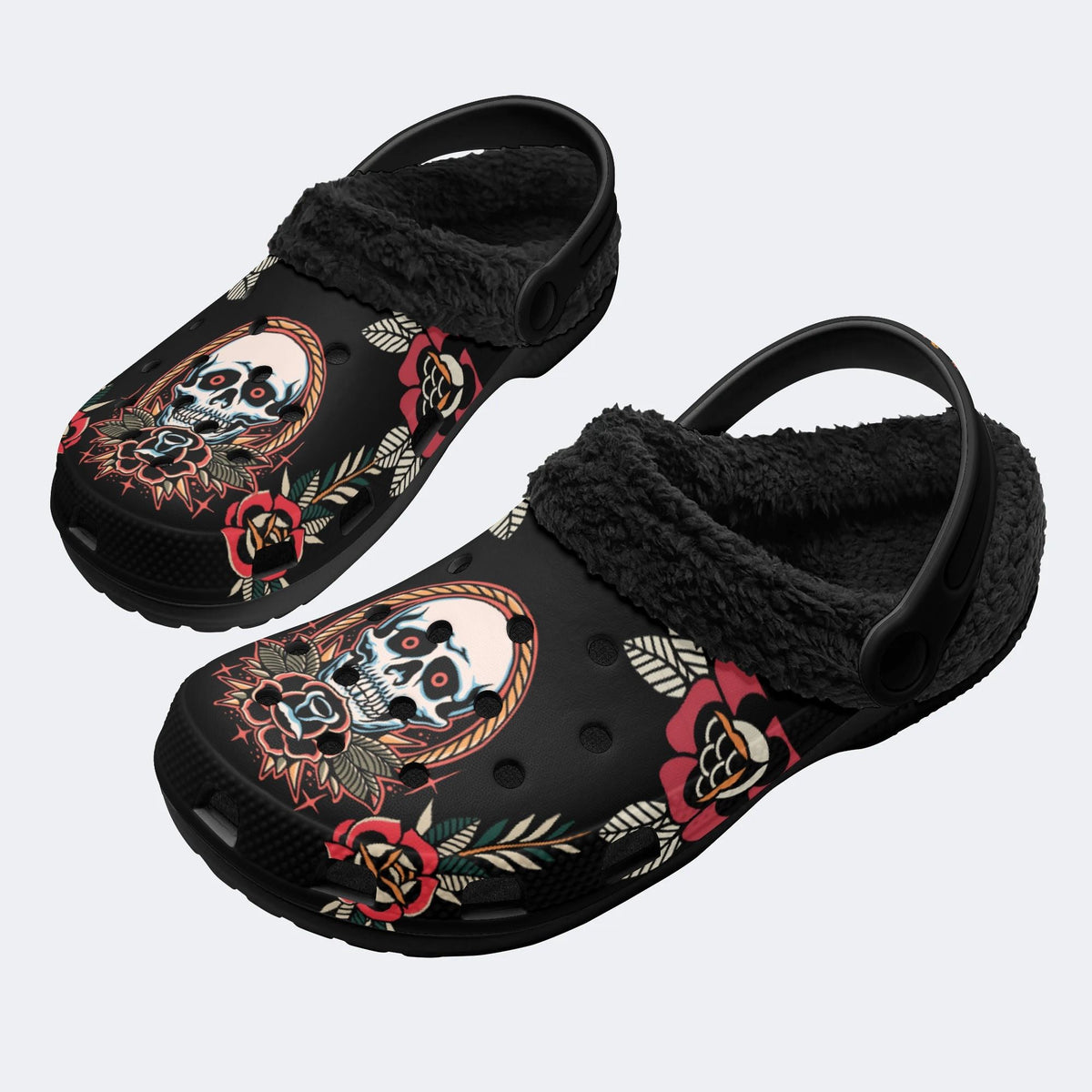 Horror Flower Skull Print - Fur Lined Slippers/Sandals