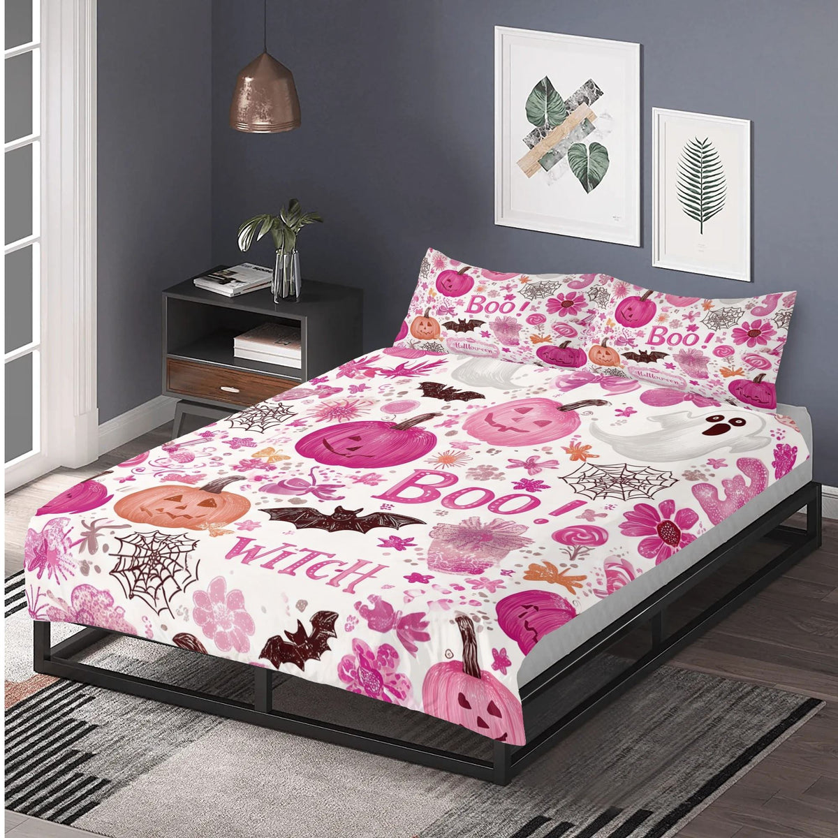 Pink Halloween Boo Print - Three Piece Bedding Set