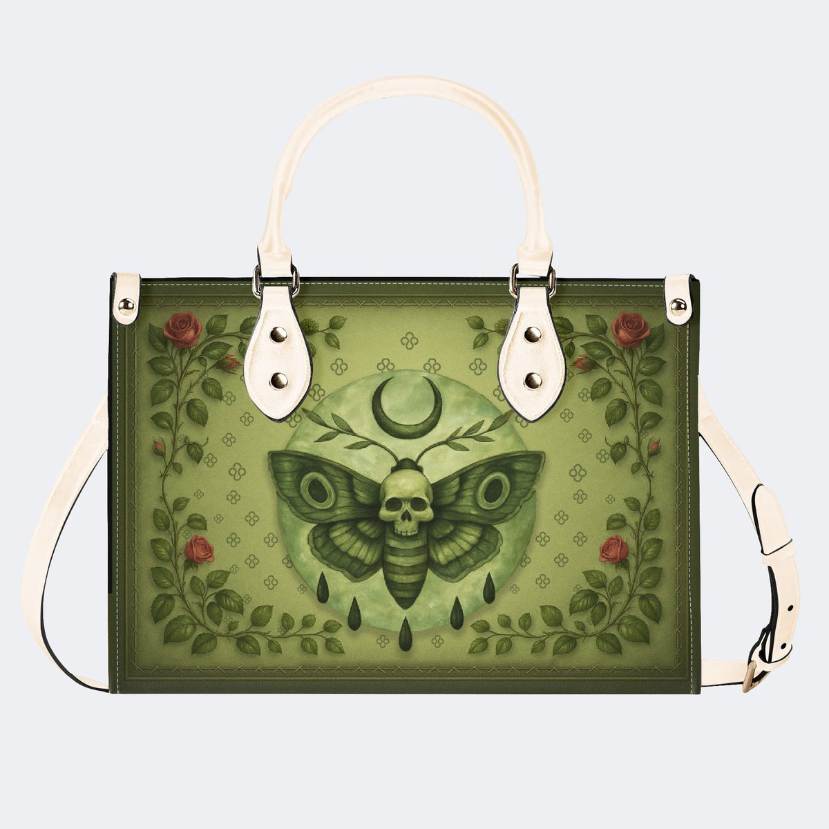 Green Death Moth Floral Print - Leather Handbag
