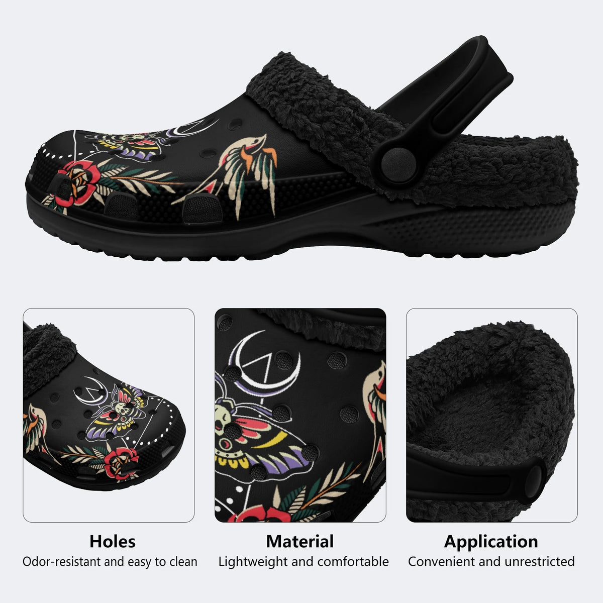 Colorful Death Moth Print - Fur Lined Slippers/Sandals