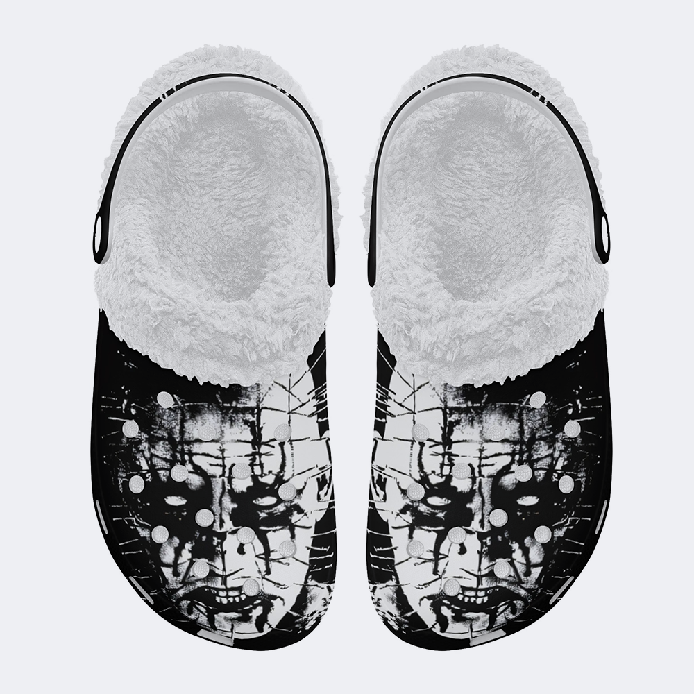 Unisex Black Metal Pinhead Print - Fur Lined Slippers/Sandals