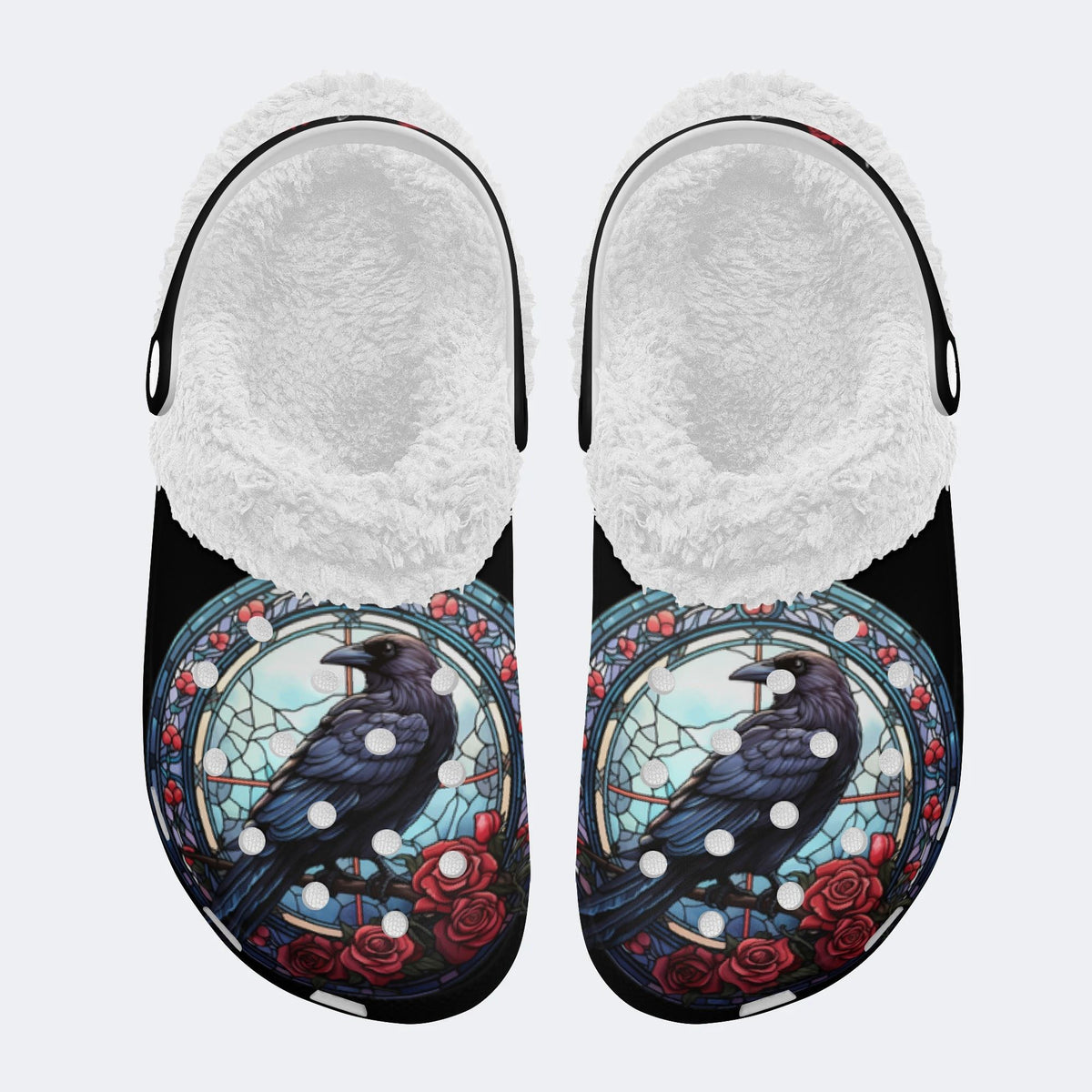 Vintage Crow Print - Fur Lined Slippers/Sandals