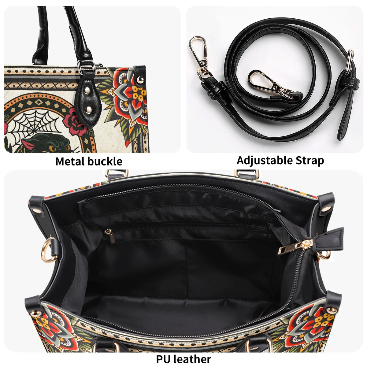 Black Panther Head Print - Leather Handbag