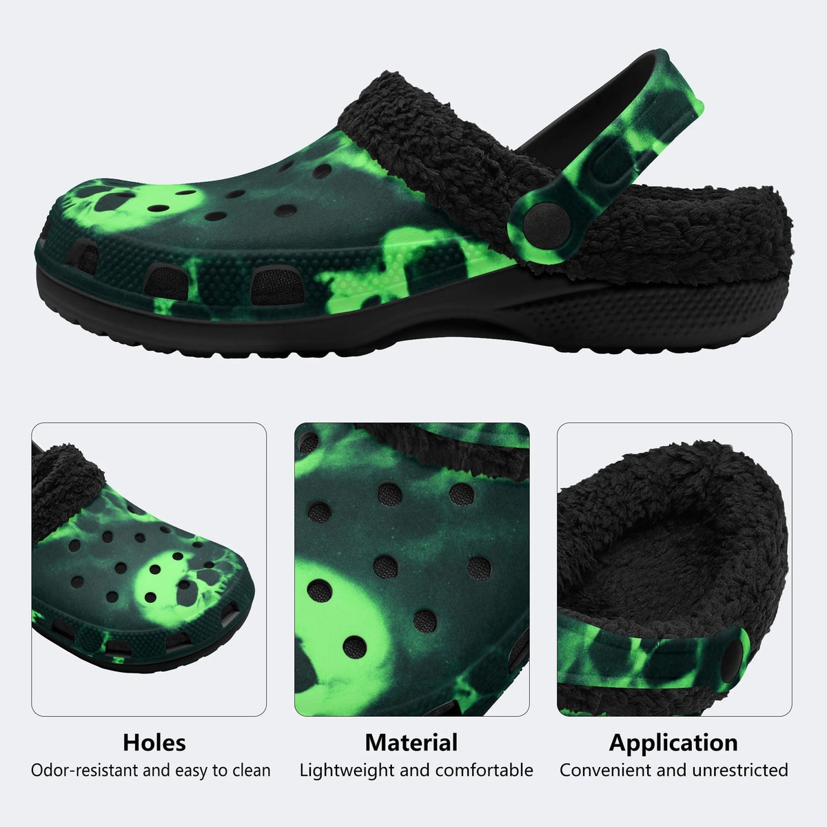 Toxic Green Smoke Skulls - Fur Lined Slippers/Sandals