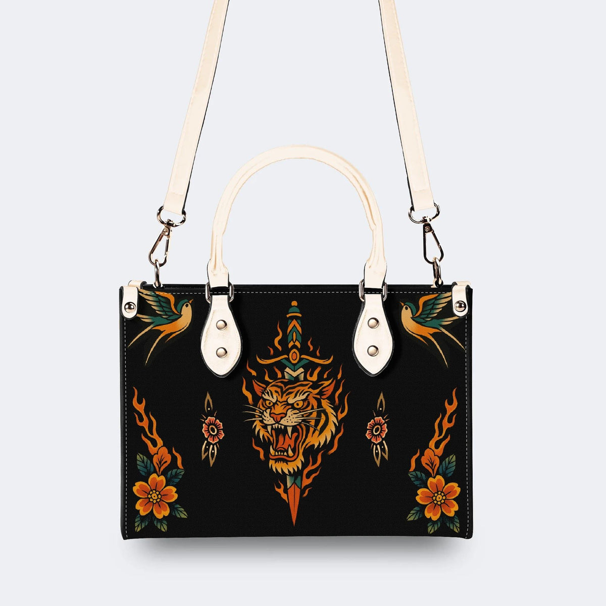 Old School Flame Tiger Print - Leather Handbag