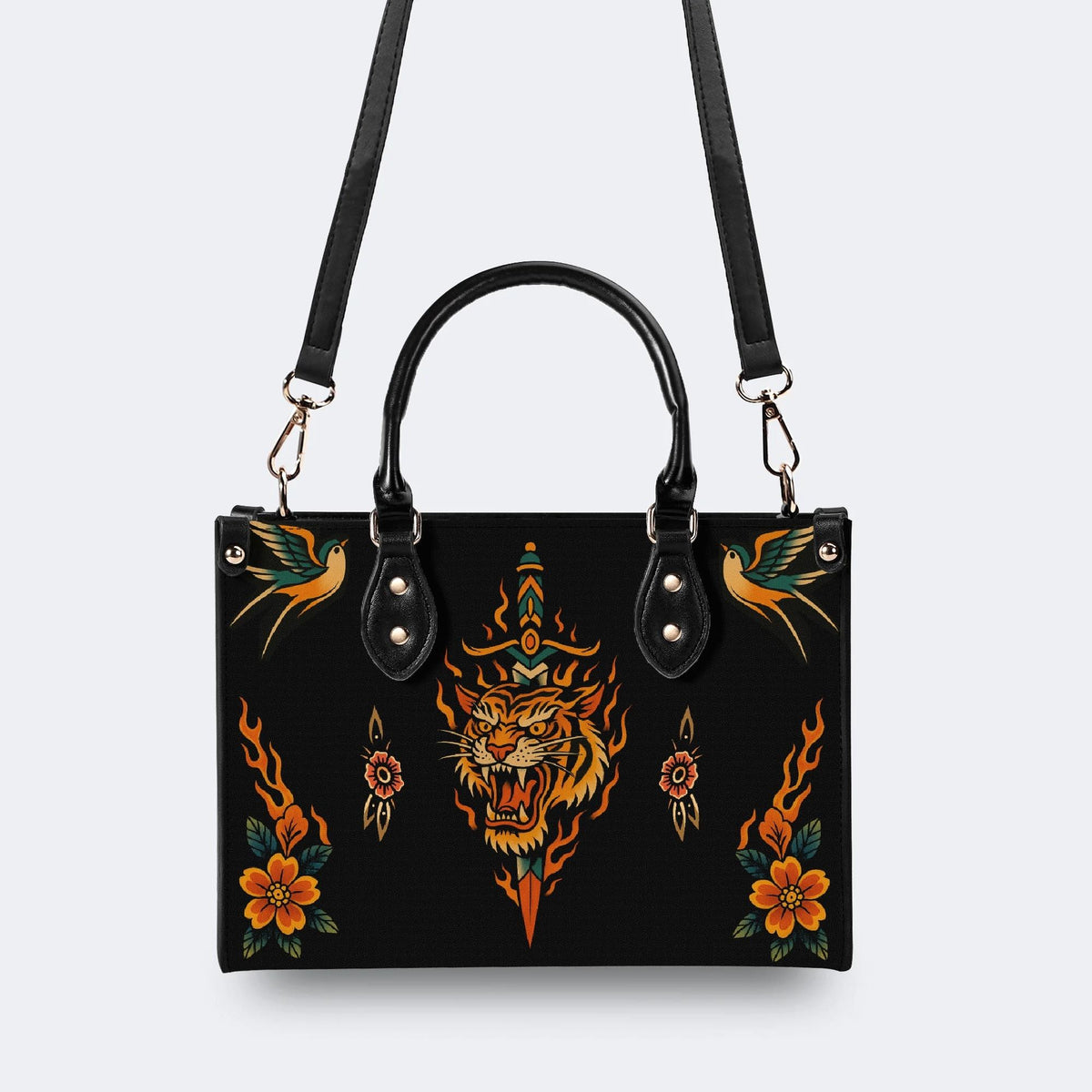 Old School Flame Tiger Print - Leather Handbag